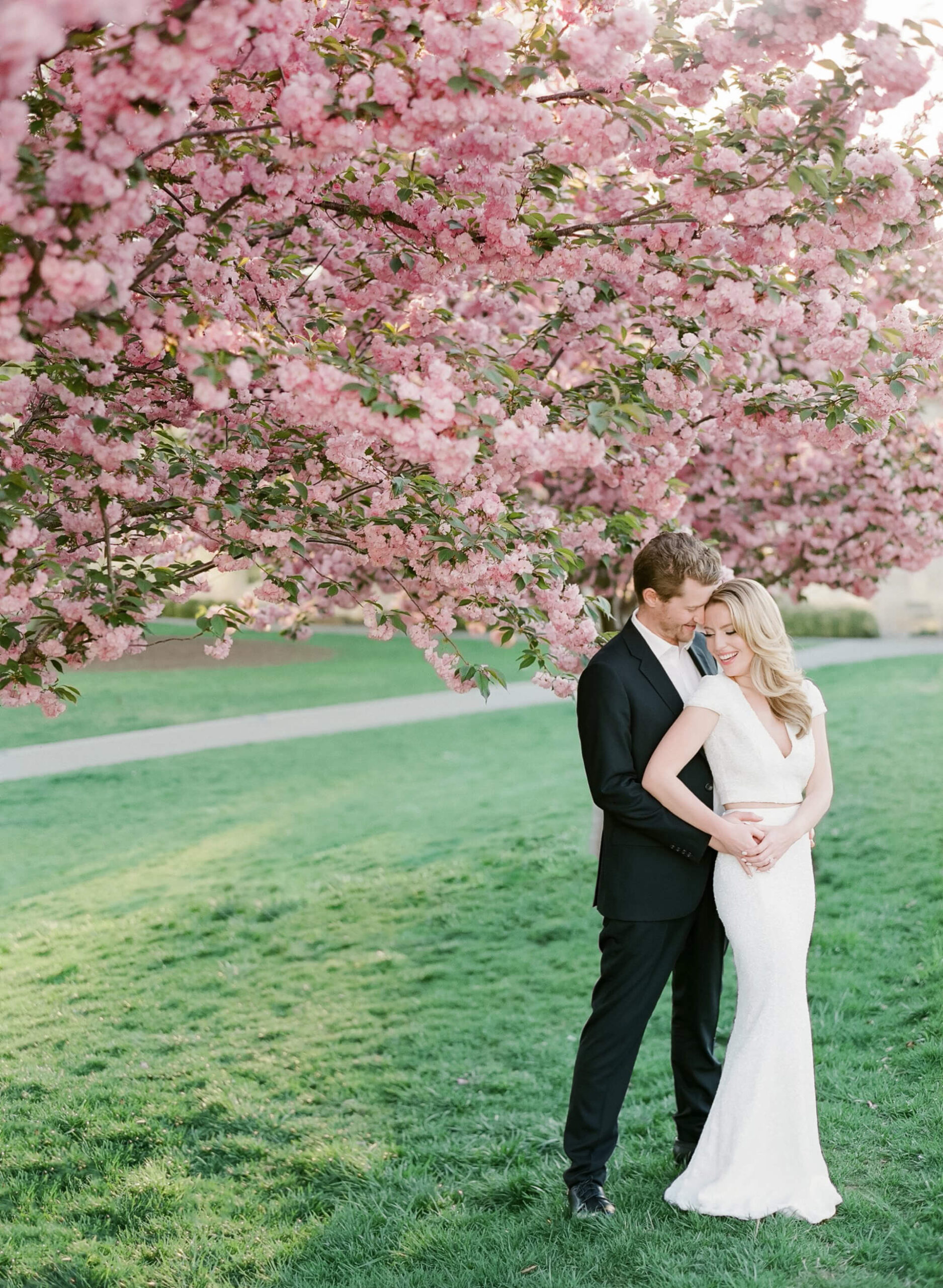 Couple under cherry blossom trees during engagement session at VMFA