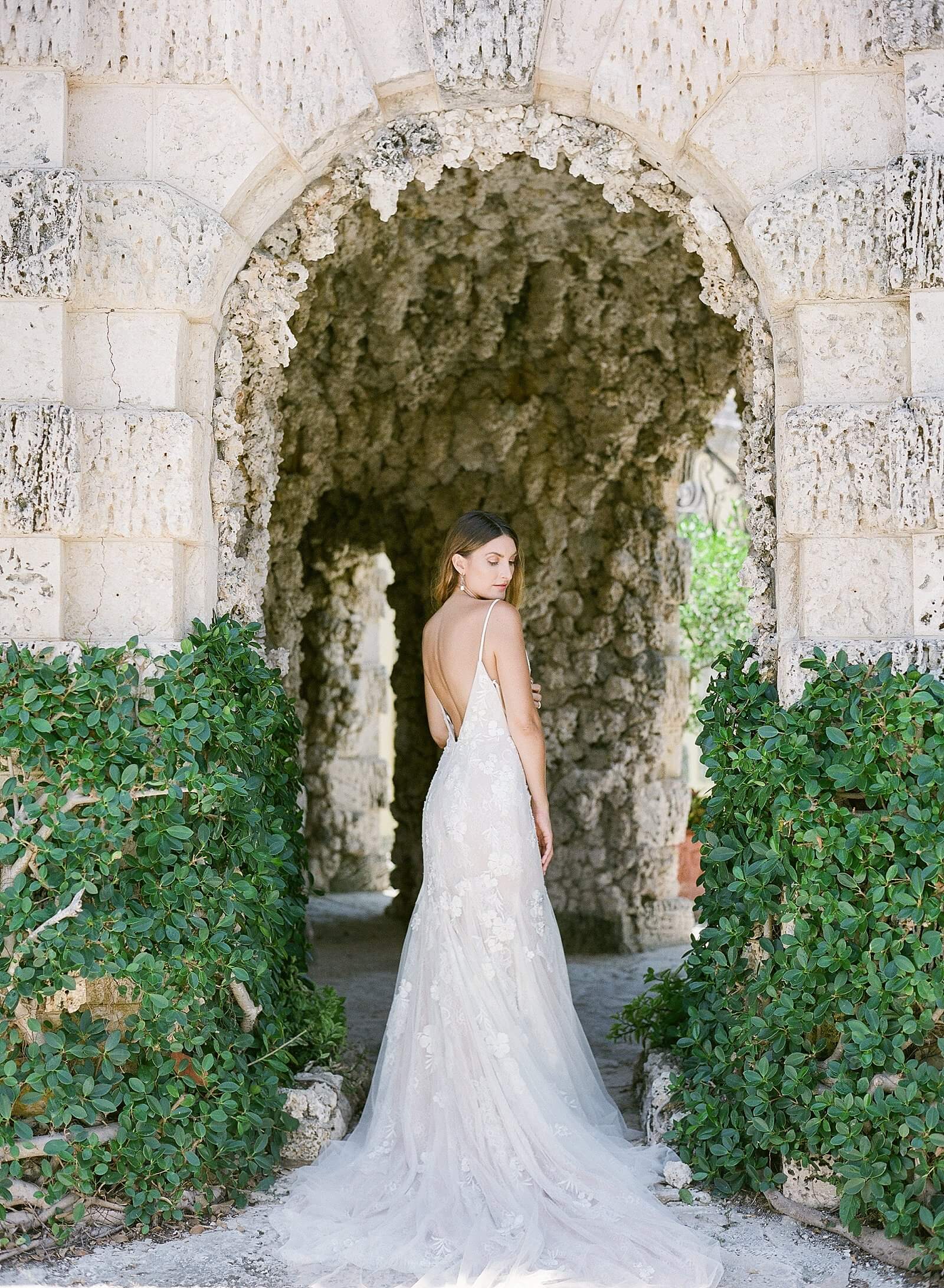 Portrait of bride during at a wedding at The Vizcaya Museum and Gardens