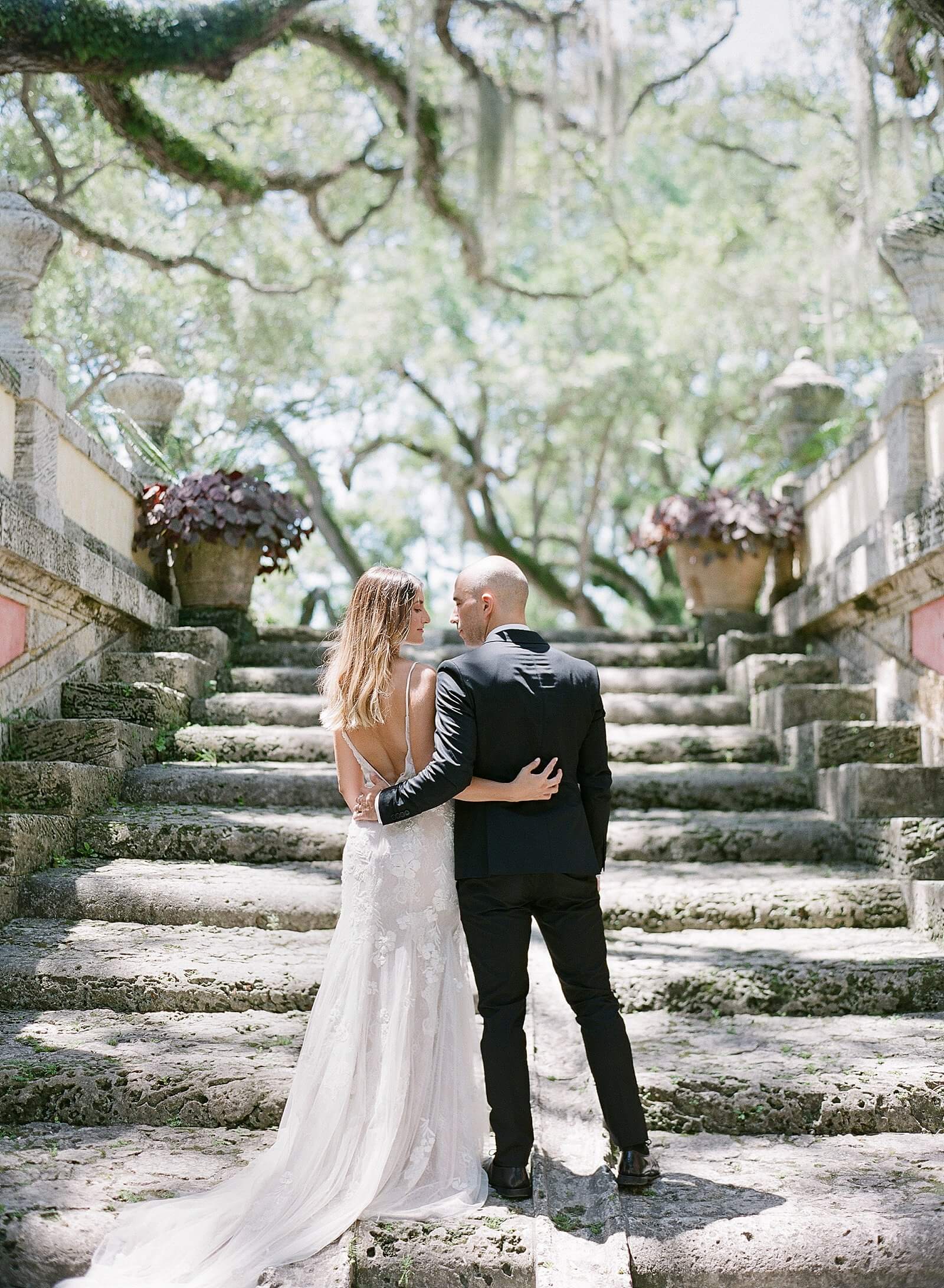 Portrait of bride and groom during at a wedding at The Vizcaya Museum and Gardens