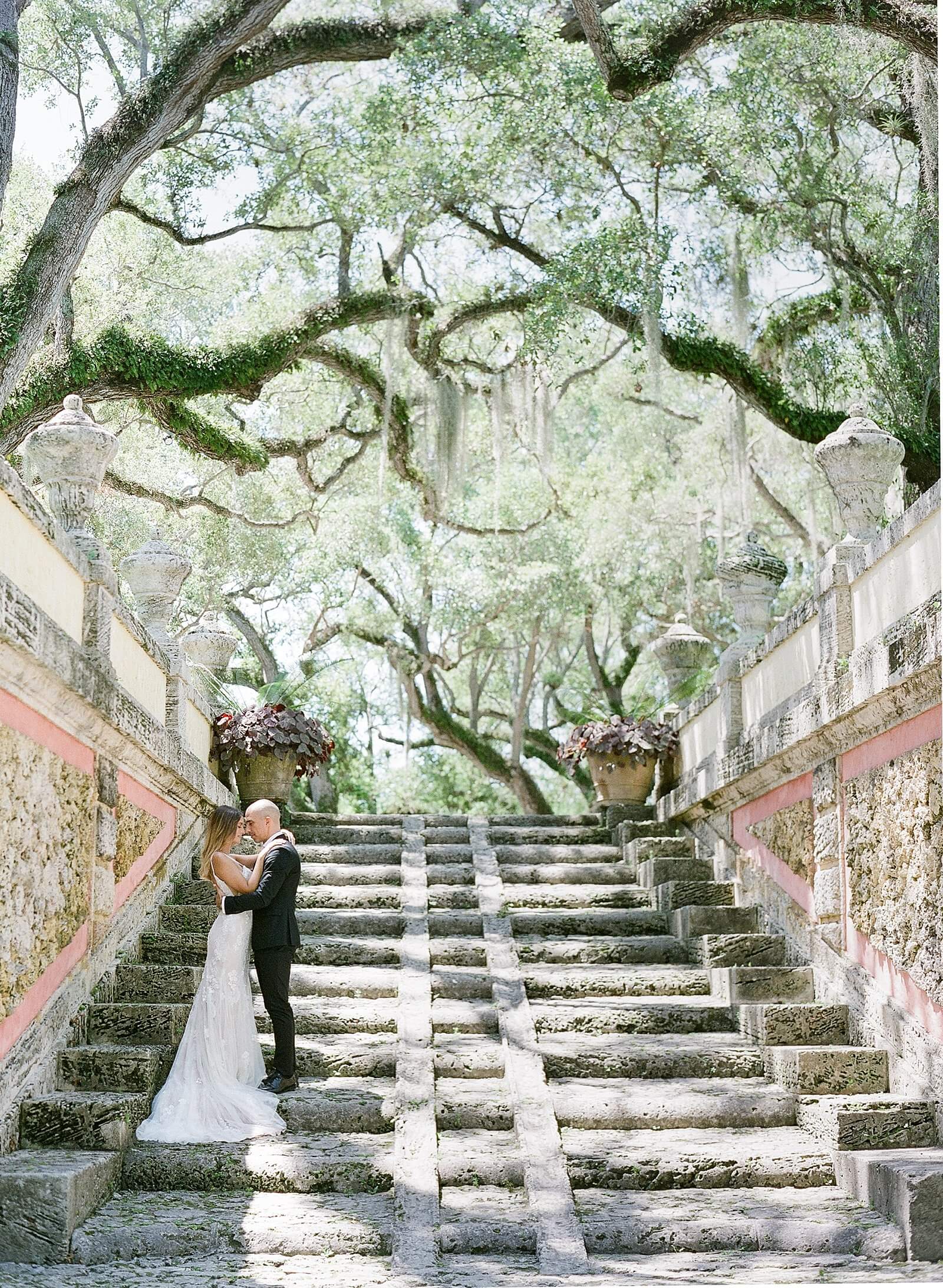 Portrait of bride and groom during at a wedding at The Vizcaya Museum and Gardens