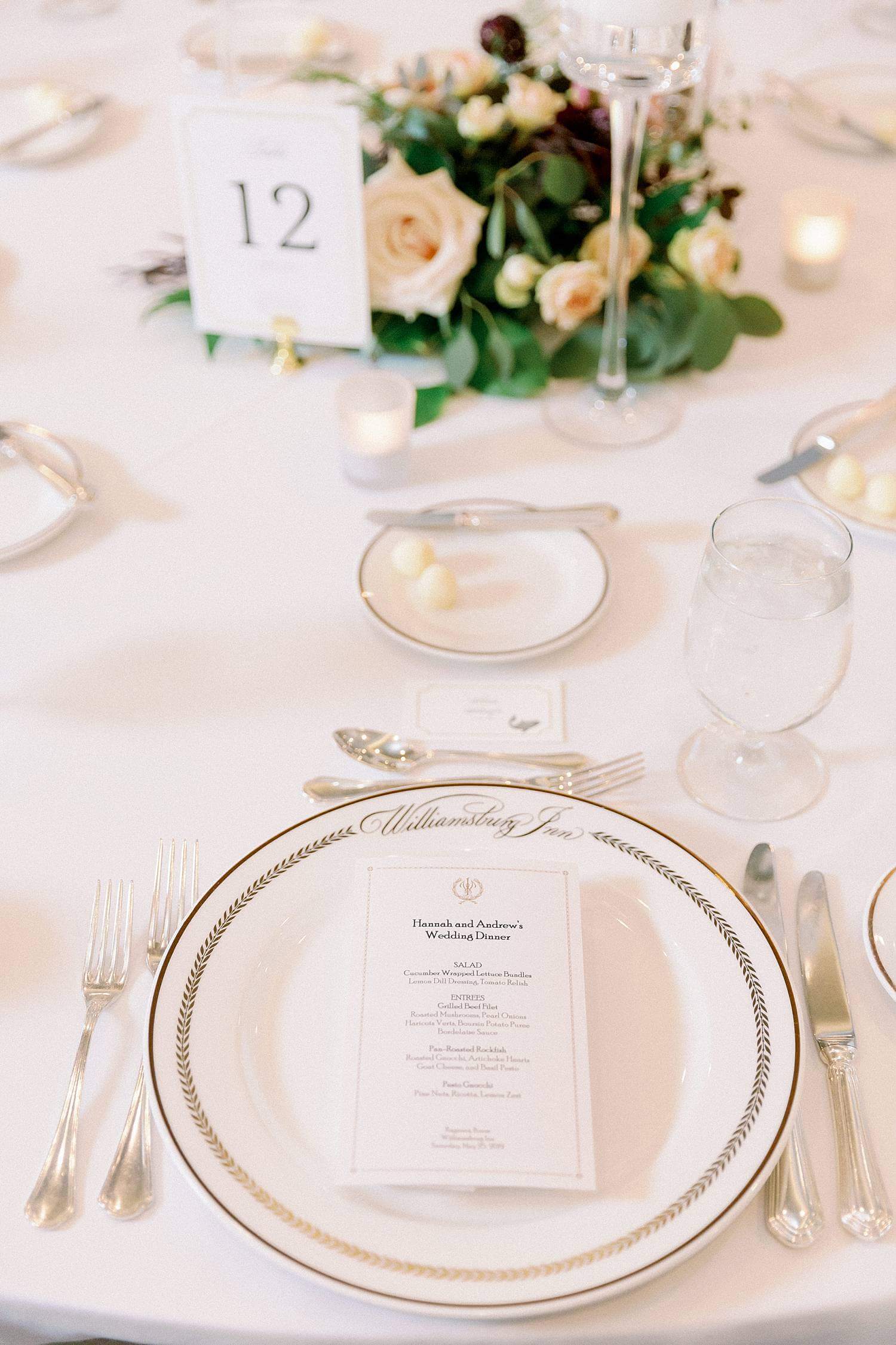 Reception details at a wedding at The Williamsburg Inn