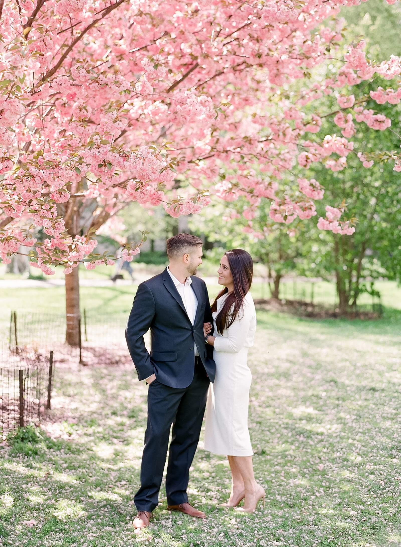 A couple under the cherry blossoms during their engagement session in Central Park in Manhattan.