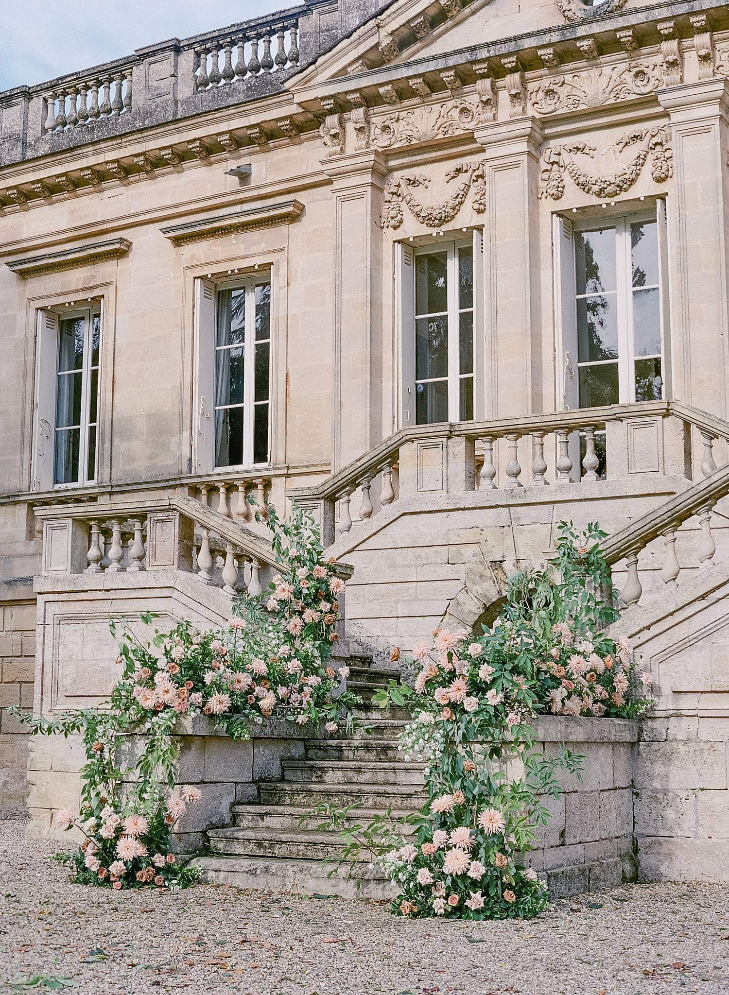 Floral arrangements on the stairs of Chateau Couffins in Bordeaux France