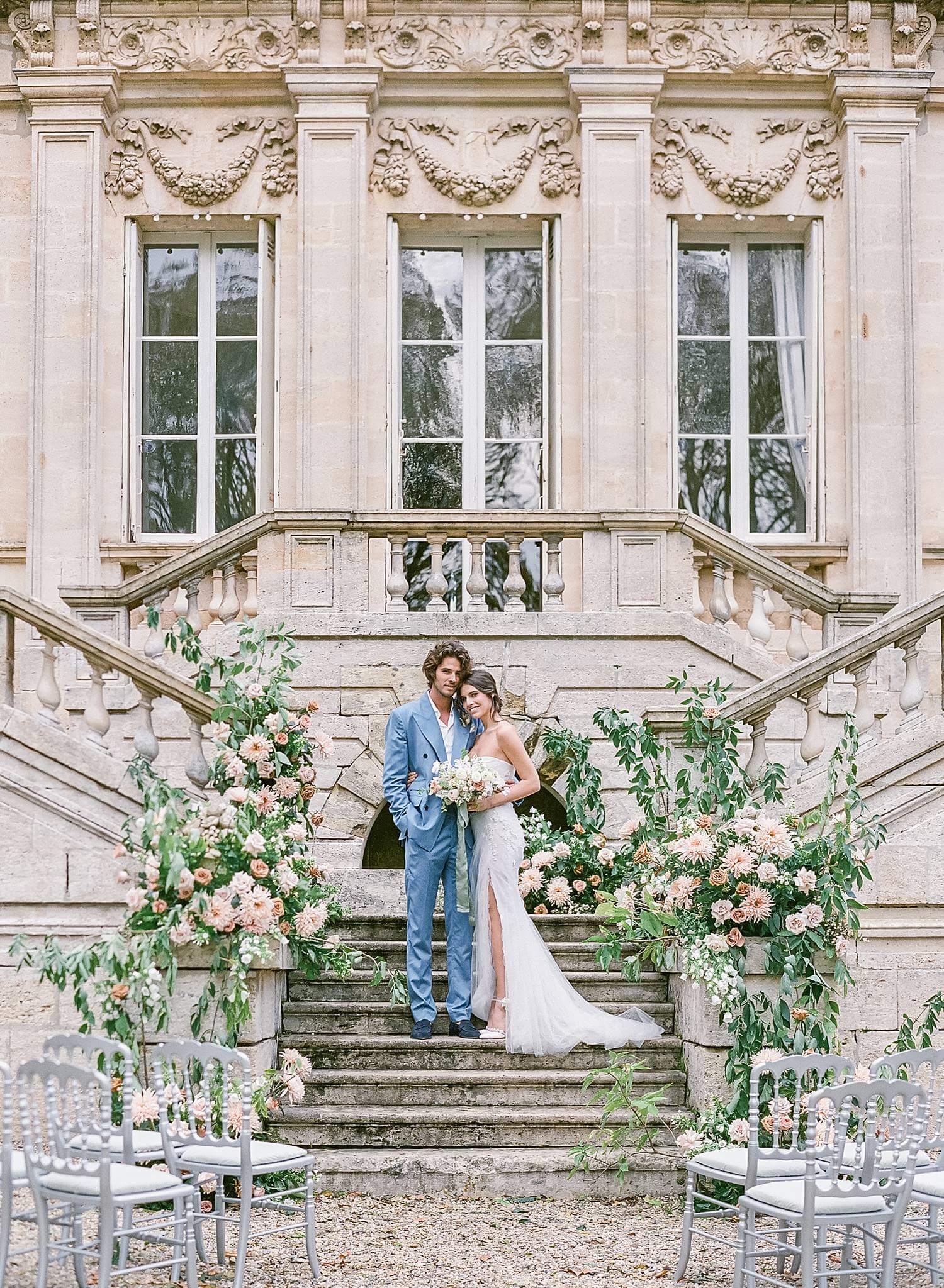Bride and groom standing at alter for their elopement in Chateau Couffins in Bordeaux France.