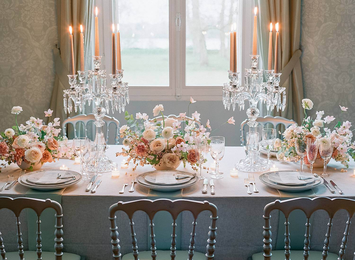 Wide shot of table details at reception for an elopement at Chateau Couffins in Bordeaux France