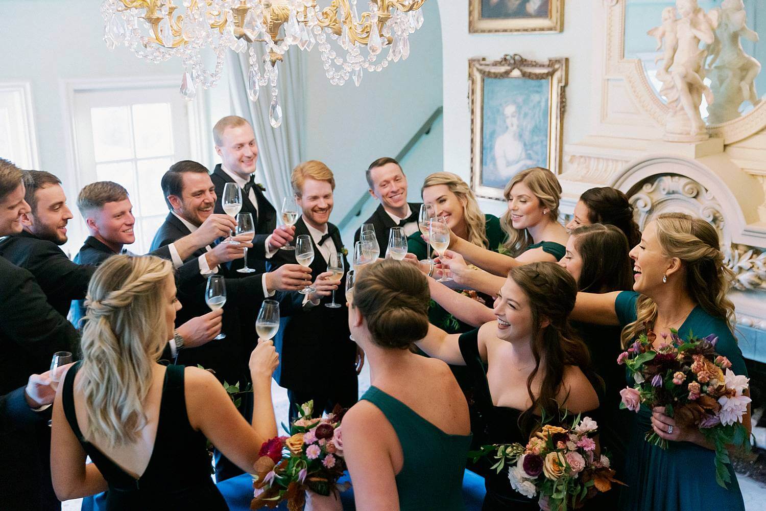 Bridal party celebrating just after the wedding at Dover Hall Estate