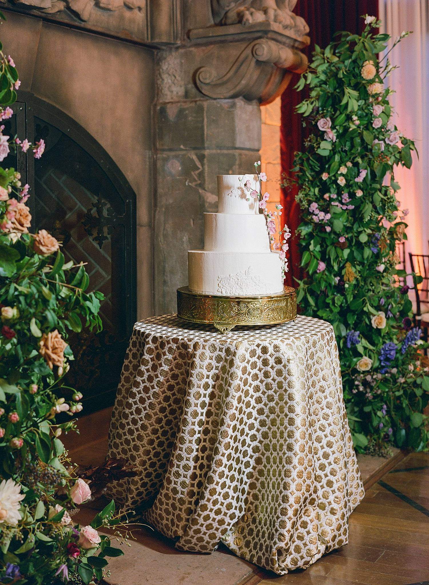 Detail photo of wedding cake in reception space at Dover Hall Estate