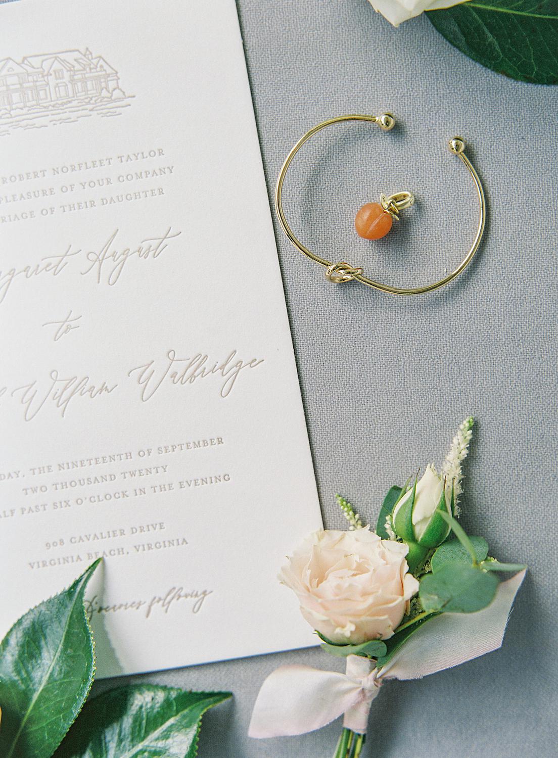 detail images of invitation suite and ring for bride's intimate home wedding