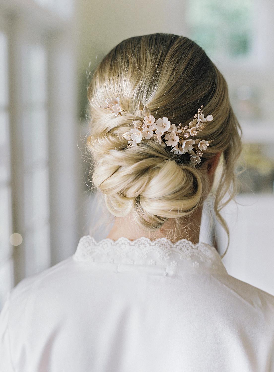 Bridal up do for intimate home wedding