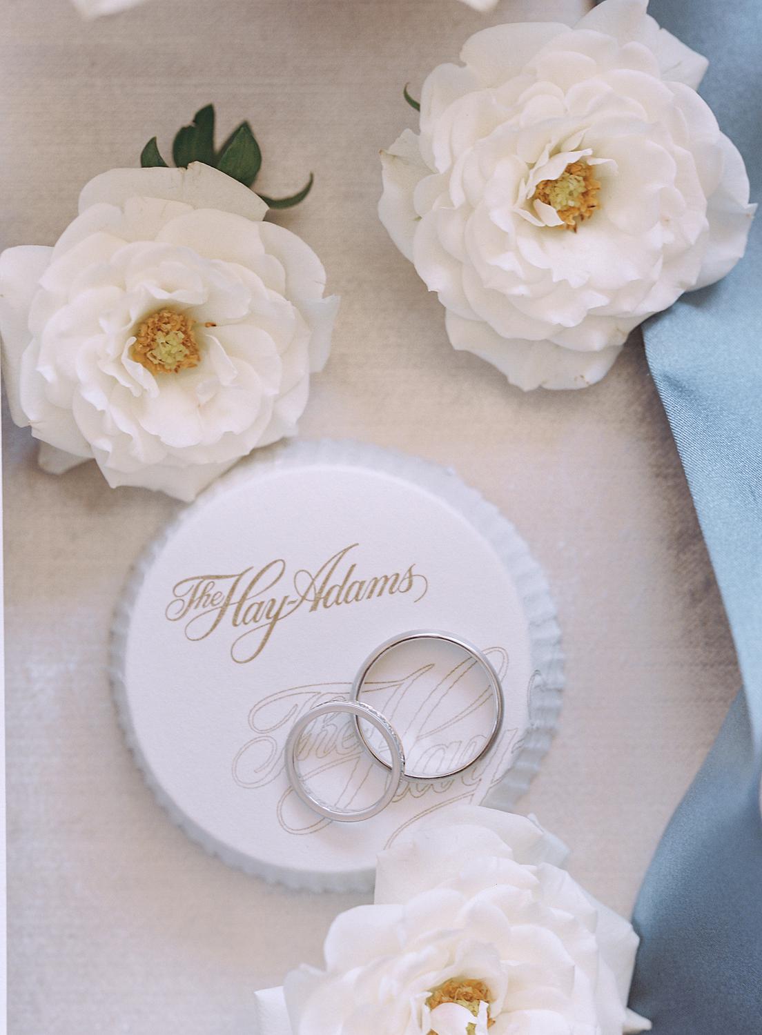 Wedding rings flatlay for DAR Constitution Hall Wedding.