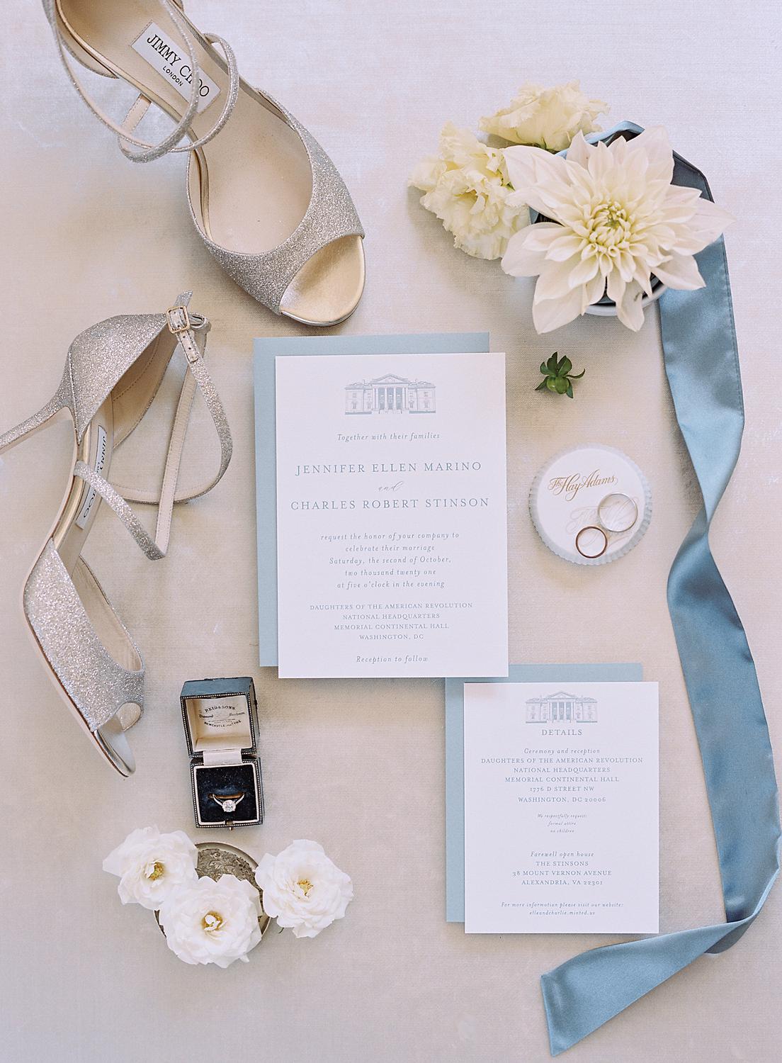 Wedding invitation and shoes flatlay for DAR Constitution Hall Wedding.