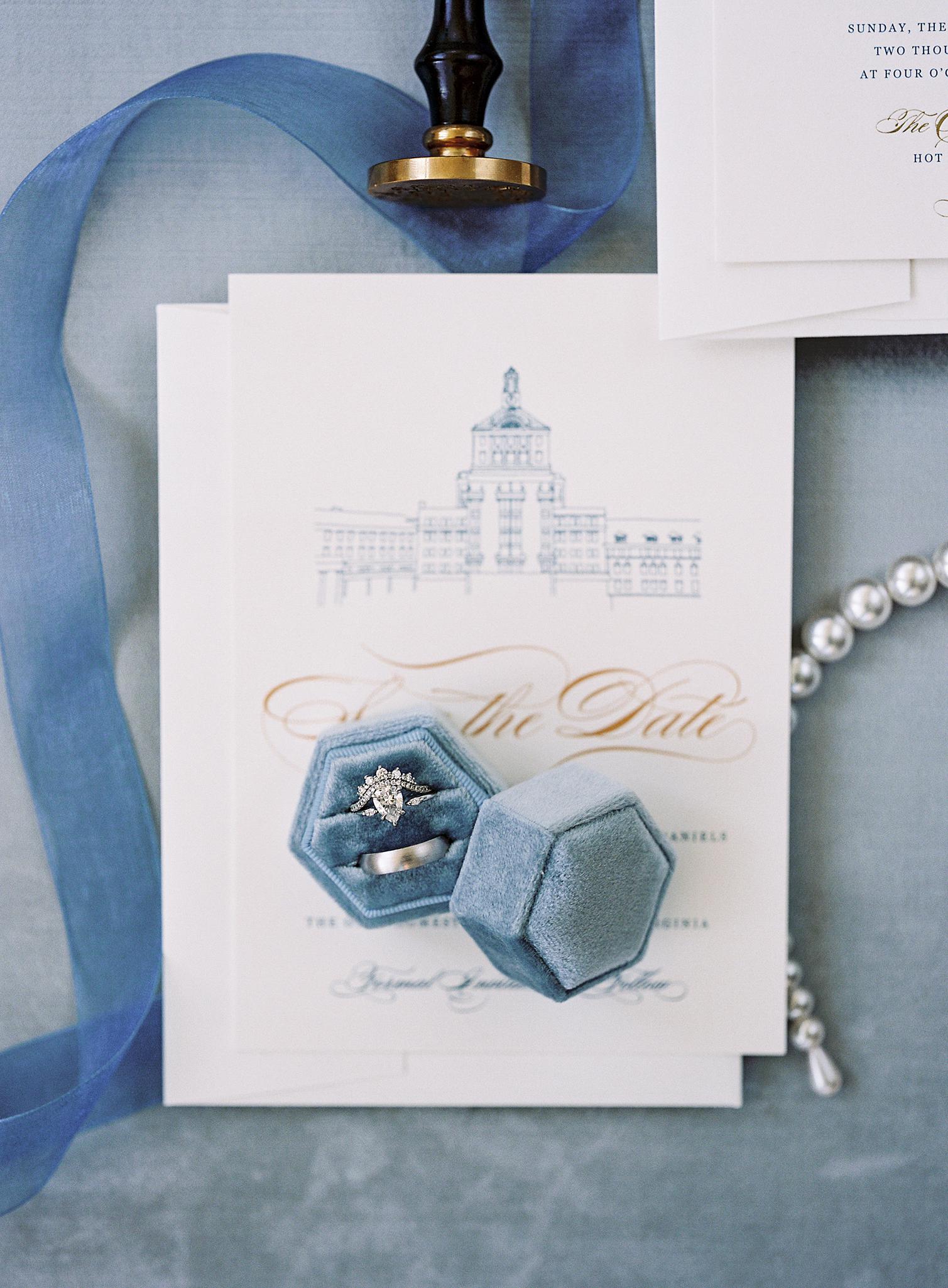 Wedding bands a top the wedding invitations for a Omni Homestead Resort Wedding.