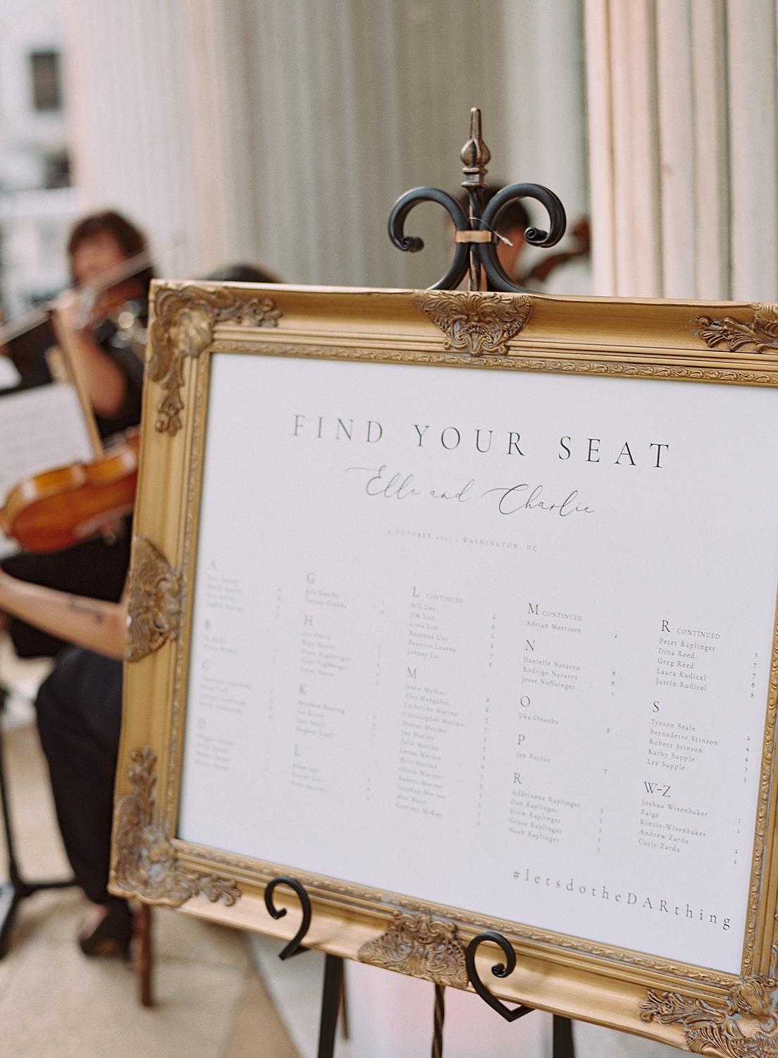 Seating chart for a DAR Constitution Hall wedding.