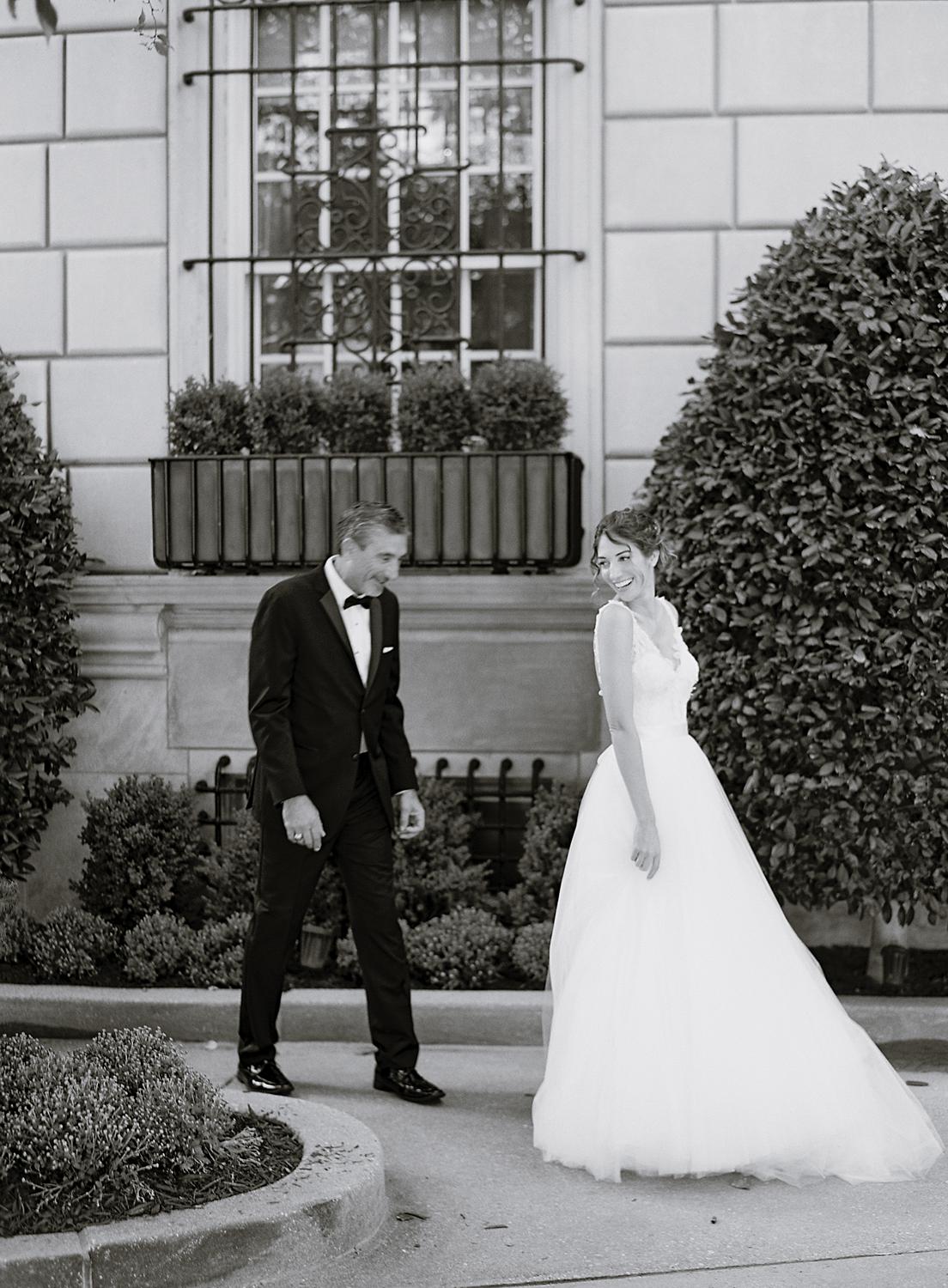 Bride having a first look with her dad before her wedding at DAR Constitution Hall