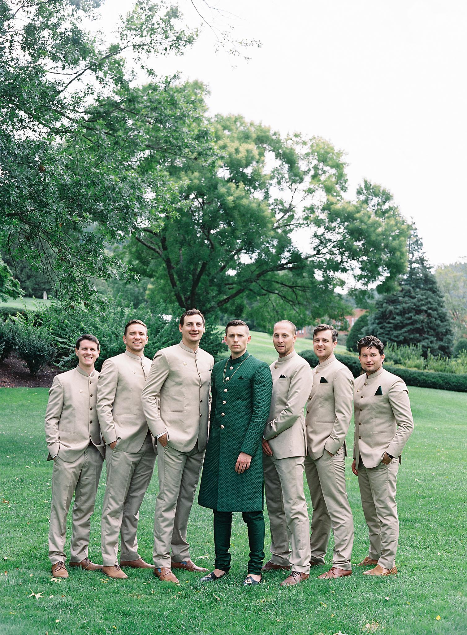 Groom and groomsmen in their sherwani before their wedding reception at The Omni Homestead Resort.