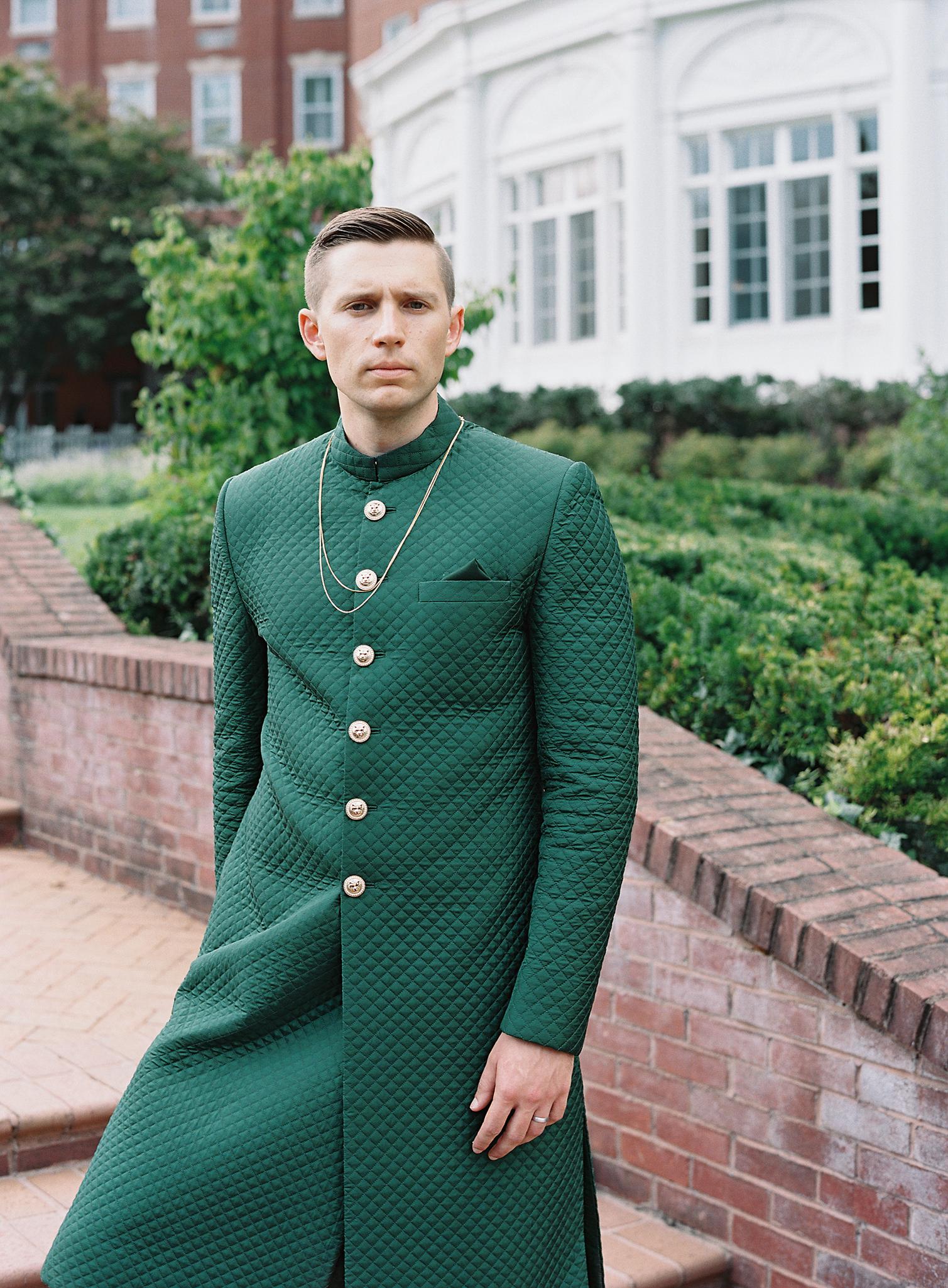 Groom's portrait in his sherwani before their wedding reception at The Omni Homestead Resort.