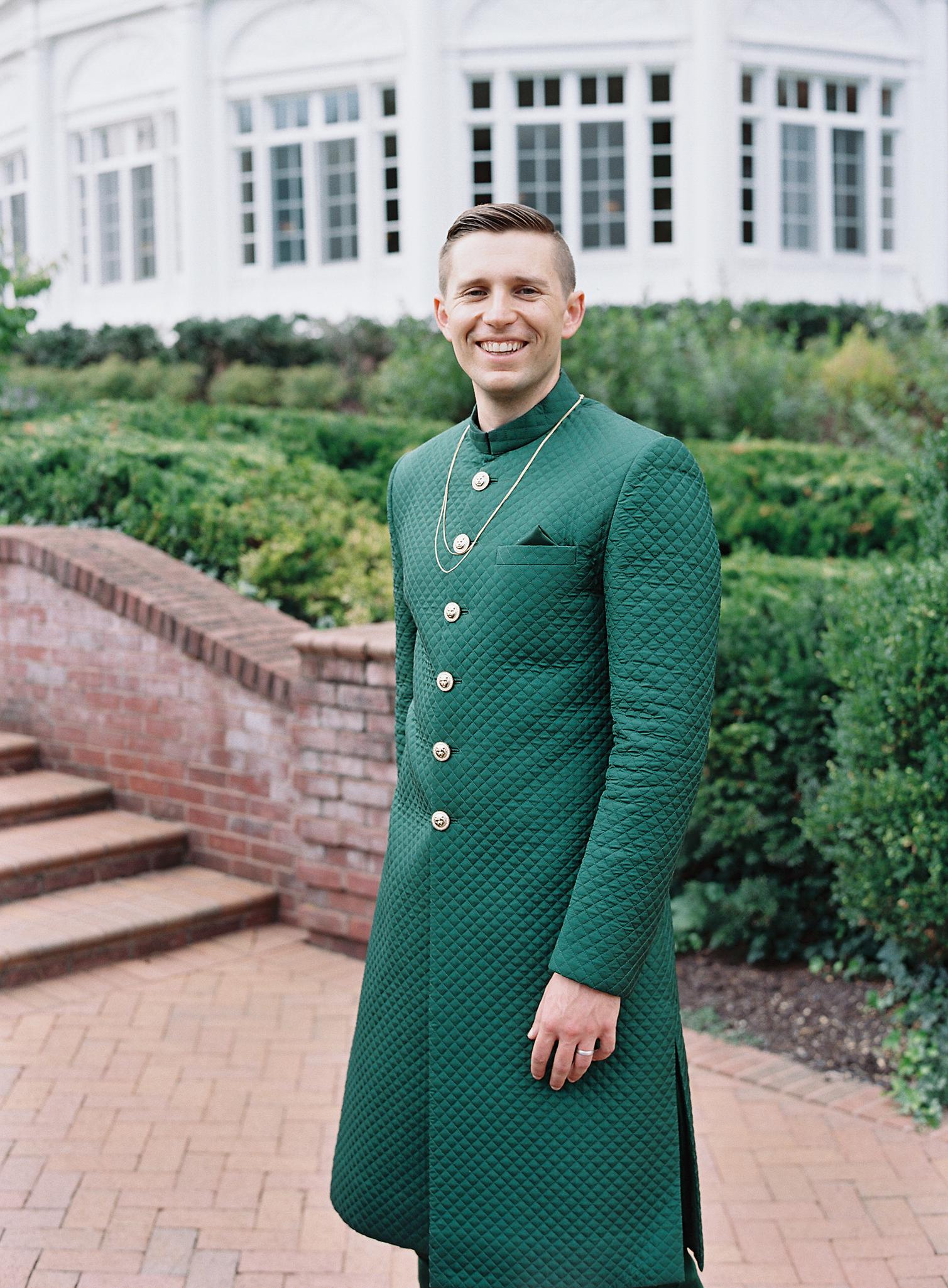 Groom's portrait in his sherwani before their wedding reception at The Omni Homestead Resort.