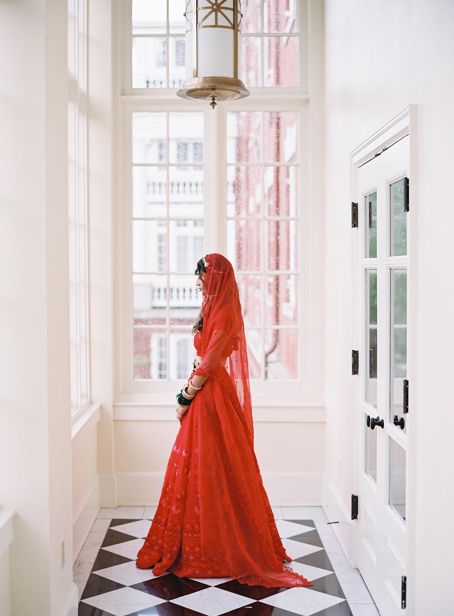 Portrait of bride in her sari before her wedding reception at The Omni Homestead Resort.