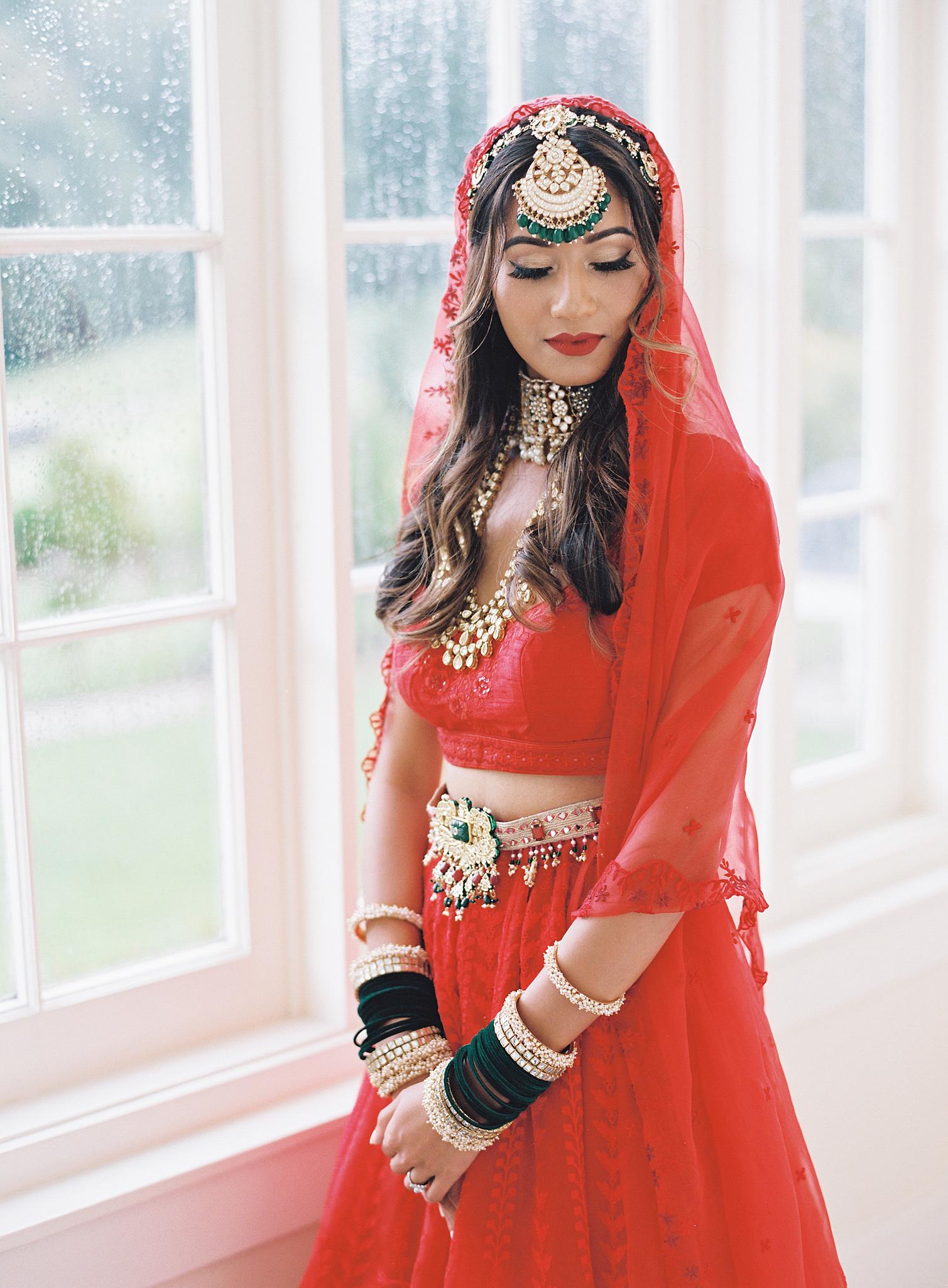 Portrait of bride in her sari before her wedding reception at The Omni Homestead Resort.