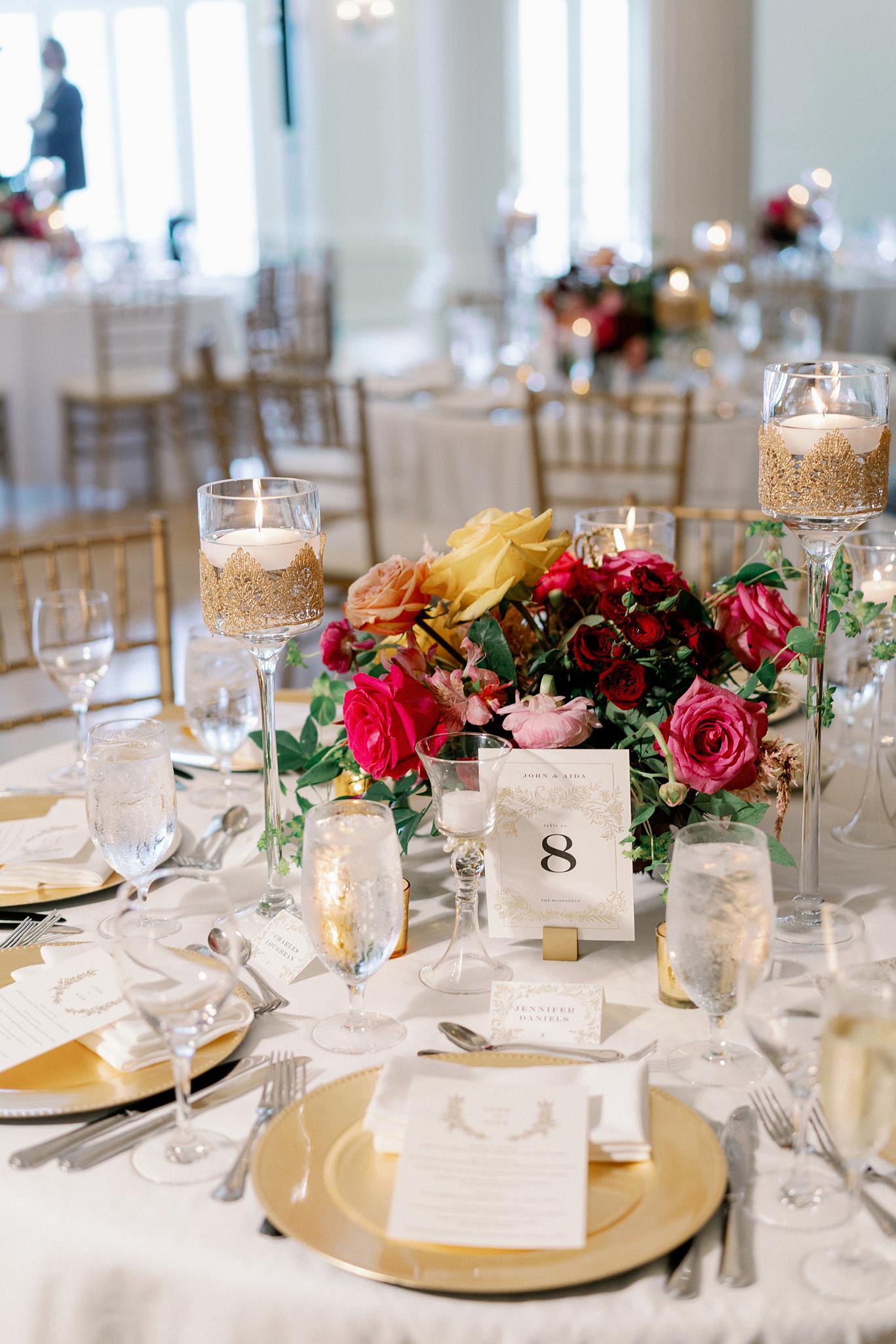 Receptions details for an Omni Homestead Resort wedding in the Crystal room.