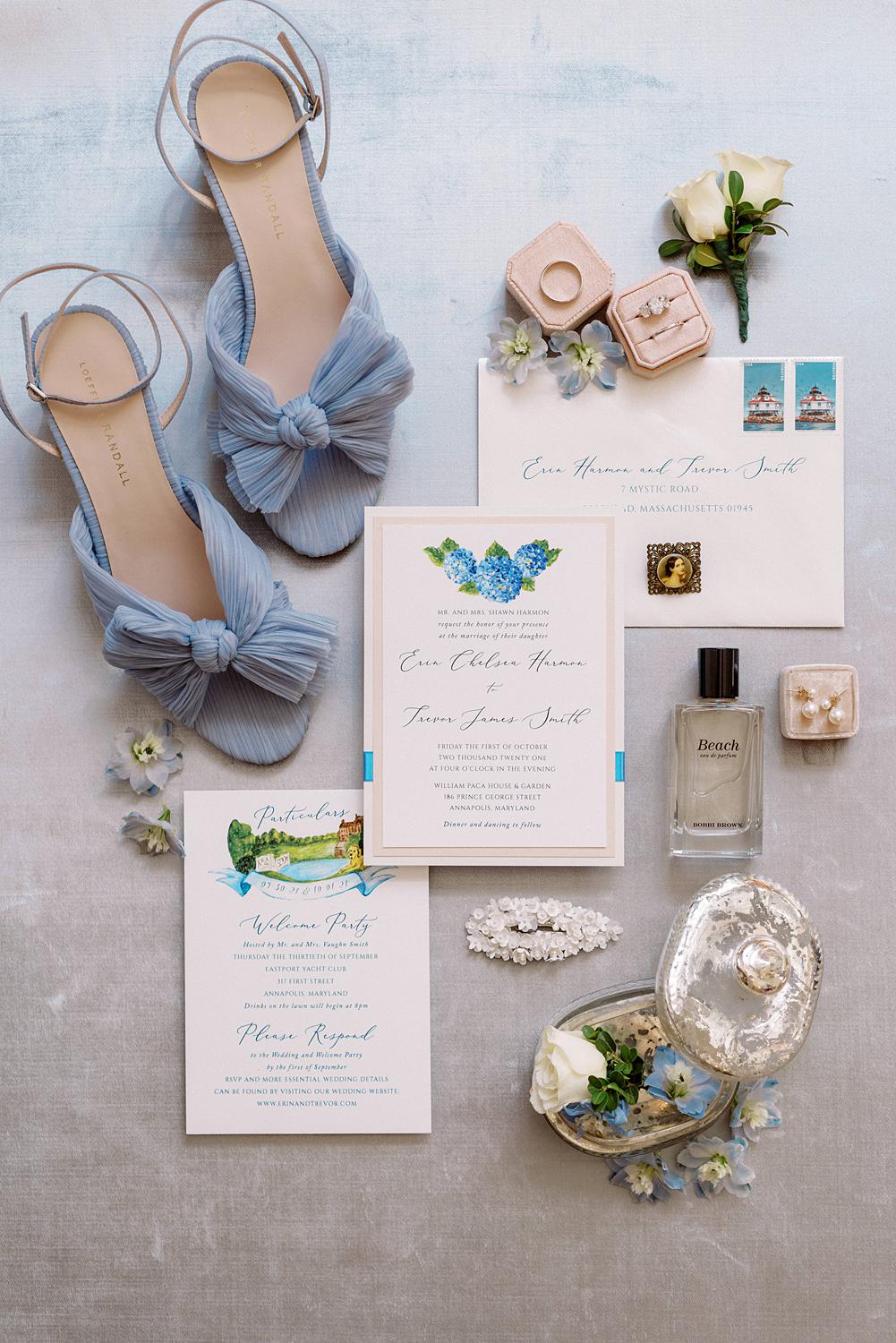 Flatlay of bridal details while she gets ready for her William Paca House wedding in Annapolis