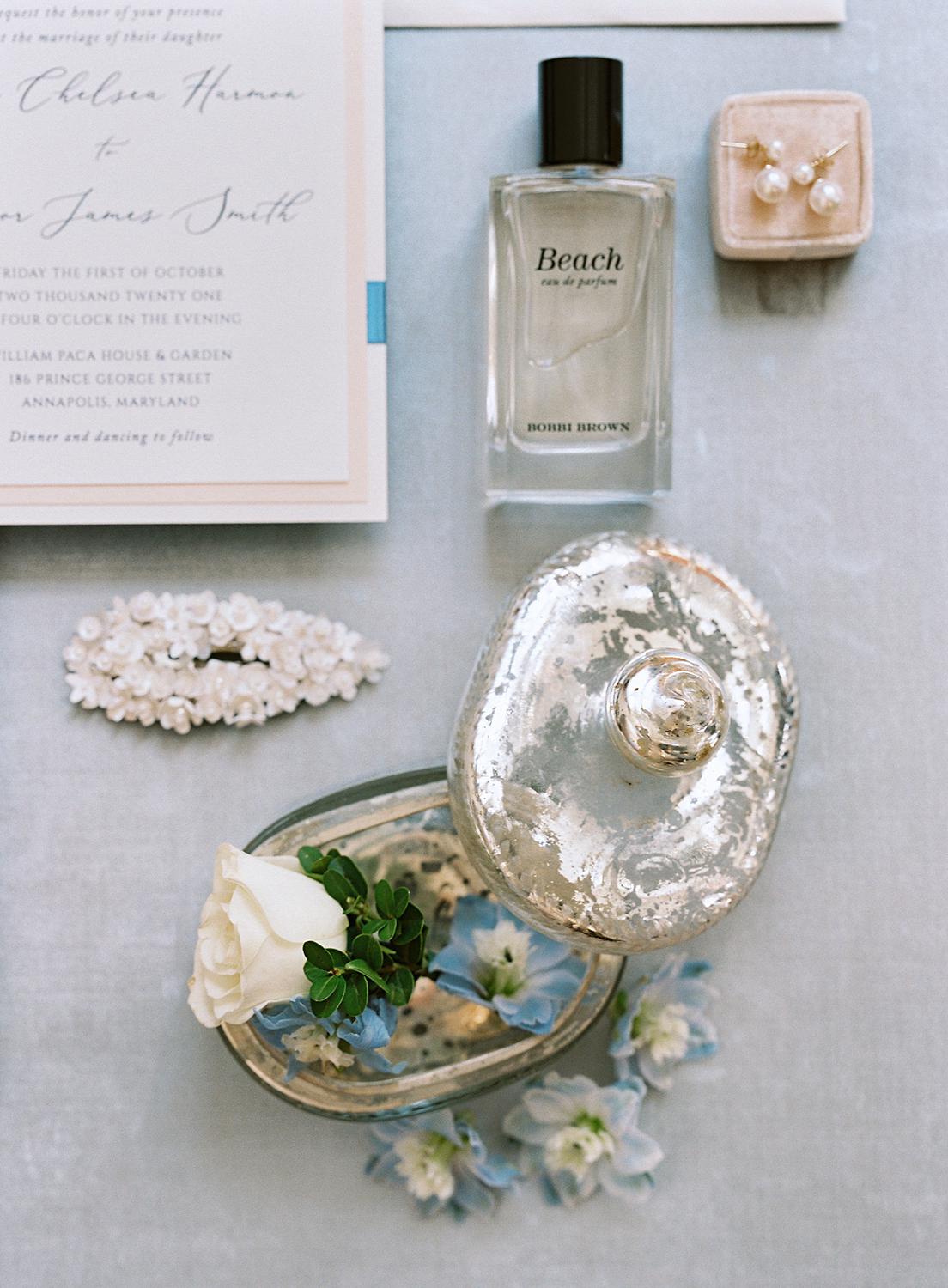 Flatlay of bridal details while she gets ready for her William Paca House wedding in Annapolis