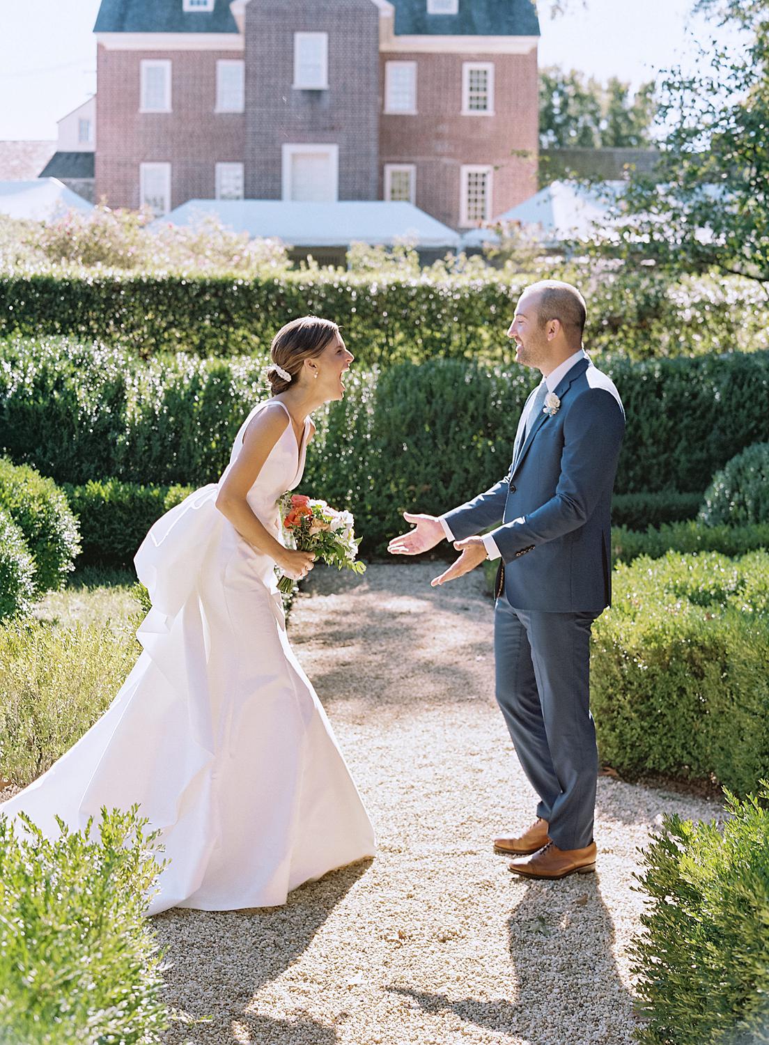 Bride and groom's reaction during their first look at their William Paca House wedding in Annapolis