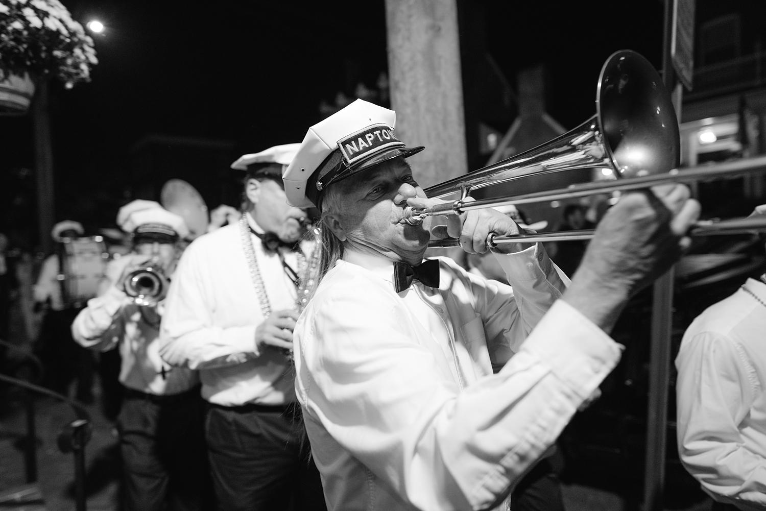 Marching brass band playing as the bride and groom exit their William Paca House wedding.